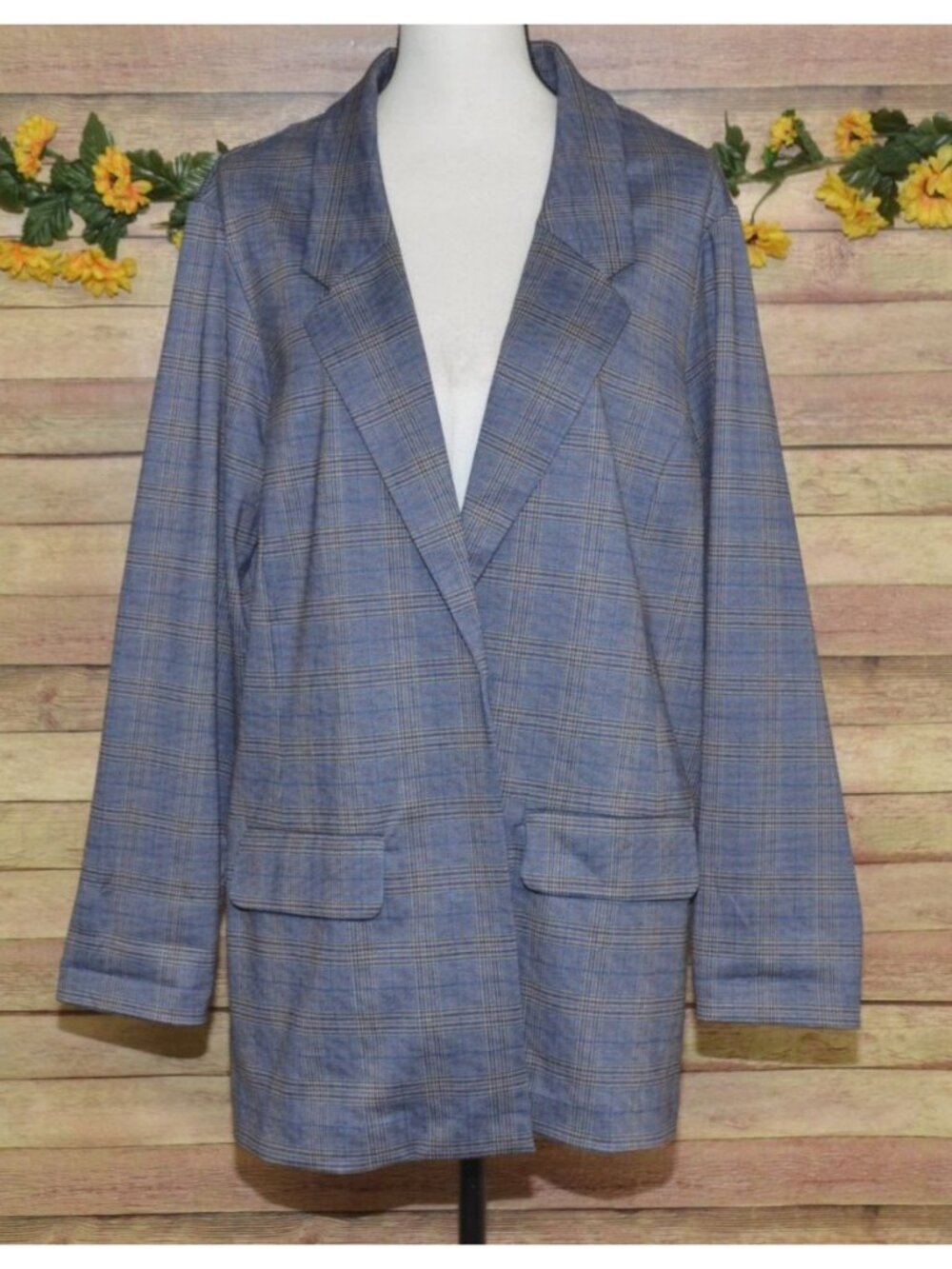 NWT Liverpool Boyfriend Blazer Women's 2X Blue Khaki Plaid Open Front Jacket